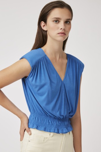 SUNCOO Top fluide bleu détails smocks