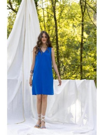 Robe droite encolure V lin bleu-MALOKA