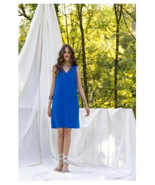 Robe droite encolure V lin bleu-MALOKA
