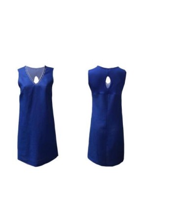 Robe droite encolure V lin bleu-MALOKA