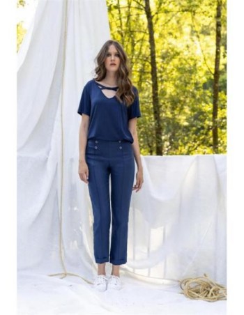 Pantalon femme lin à pont indigo-MALOKA