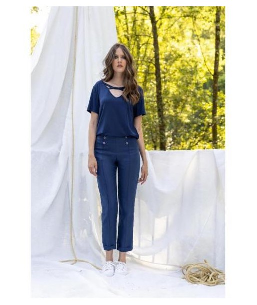 Pantalon femme lin à pont indigo-MALOKA