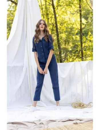 Pantalon femme lin à pont indigo-MALOKA