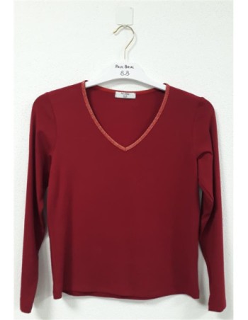 T-shirt col v rouge bordeaux femme