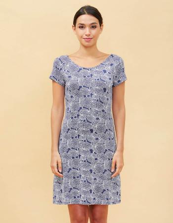 Robe manches courtes imprimé Végétal bleu foncé-LA FIANCEE