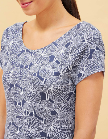 Robe manches courtes imprimé Végétal bleu foncé-LA FIANCEE