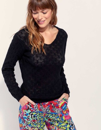 Pull maille noir col V femme