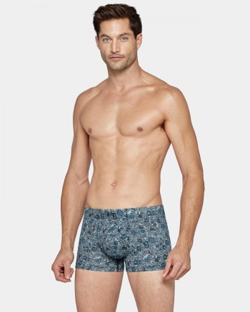 Boxer homme bleu motif feuille