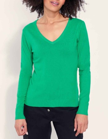 Pull col v femme vert