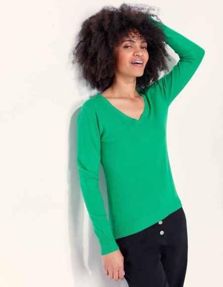 Pull col v femme vert