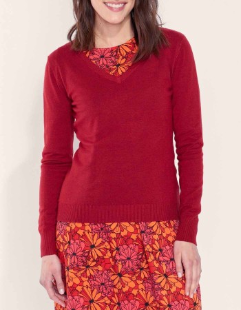 Pull col v bordeaux femme