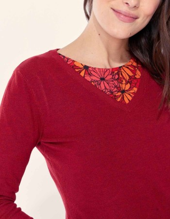 Pull col v bordeaux femme