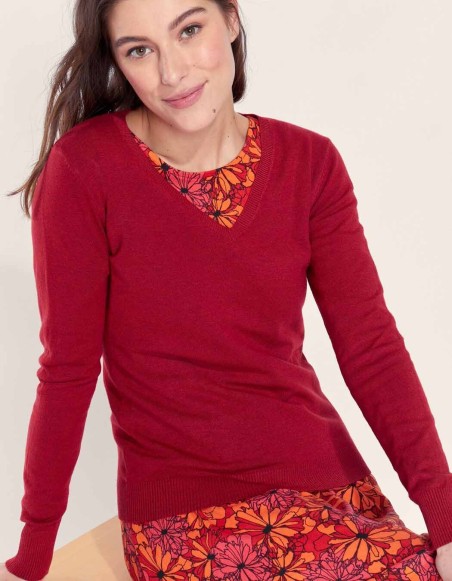 Pull col v bordeaux femme