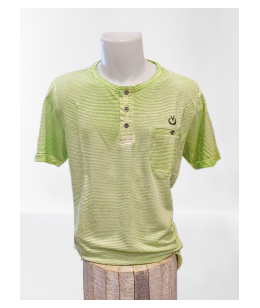Tee-shirt homme Monte Carlo vert jonc – col tunisien rayé et poche plaquée