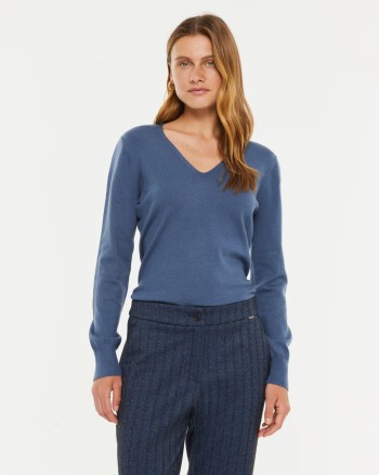 Pull V femme bleu