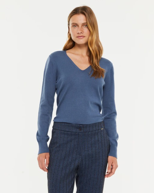 Pull V femme bleu