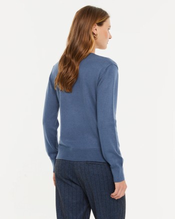 Dos du pull V bleu pour femme