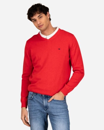Pull homme encolure V rouge